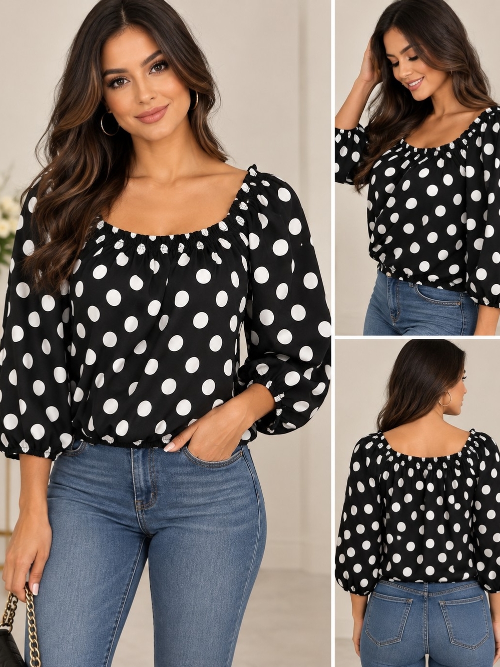 Women's Black Polka Dot Peasant Blouse